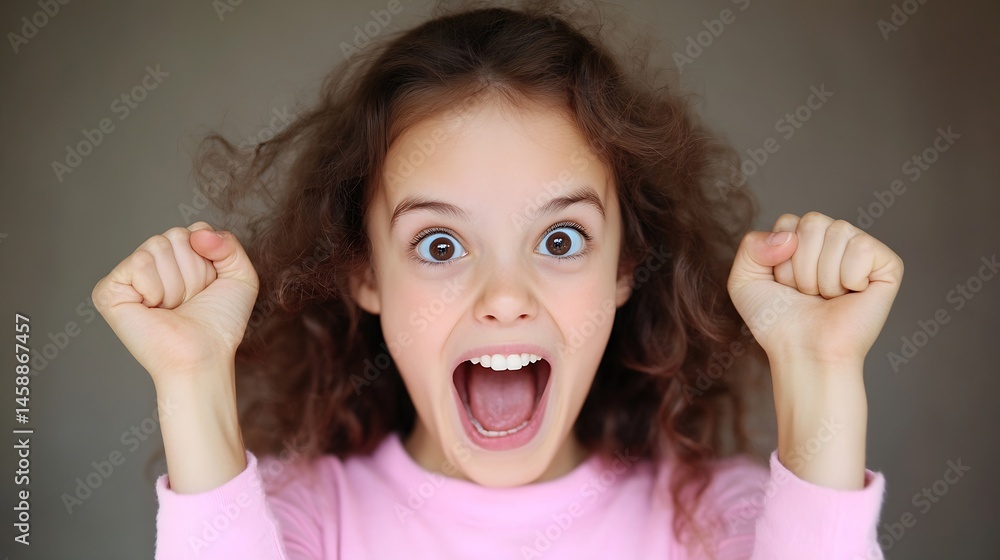 Portrait of a joyful little girl with curly brown hair, wearing a pink sweater, and making excited fists, expressing happiness and excitement. : Generative AI Portrait of a joyful little girl with curly brown hair, wearing a pink sweater, and making excited fists, expressing happiness and excitement. : Generative AI