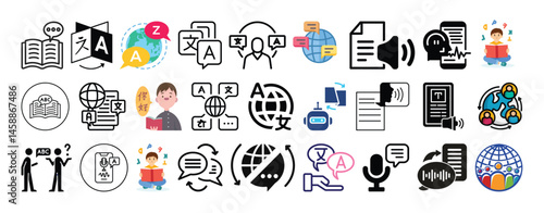 Set of Language learning. Translation, Multilingual AI, Speech to text and Global Communication icon set collection vector design.