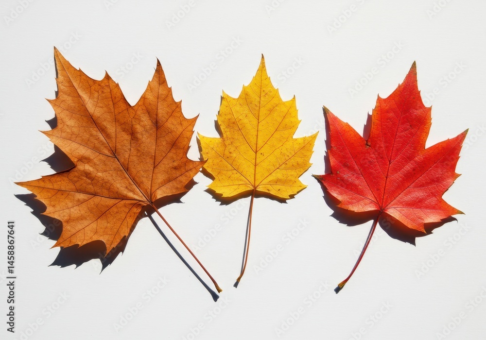 Fototapeta premium Three maple leaves in autumn colors of brown, yellow, and red arranged on a white surface with natural light