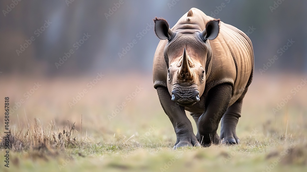 Fototapeta premium A majestic white rhinoceros walks towards the camera in a tranquil grassland setting, its thick hide and powerful legs prominent against a blurred background of muted greens and browns : Generative AI