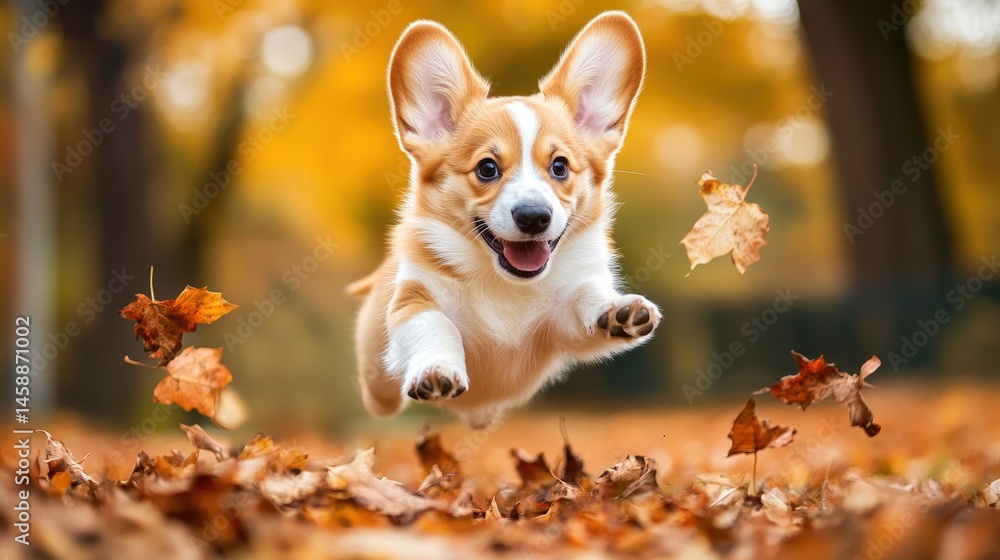 A corgi puppy playfully jumping into a pile of autumn leaves, its tiny legs kicking up colors A corgi puppy playfully jumping into a pile of autumn leaves, its tiny legs kicking up colors