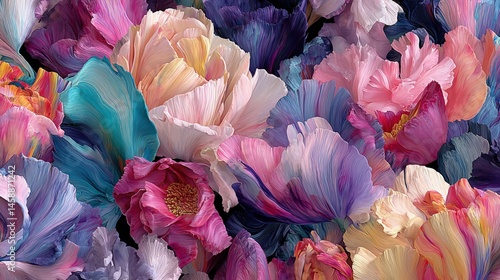 A vibrant arrangement of colorful flowers in full bloom, showcasing intricate petal details and textures