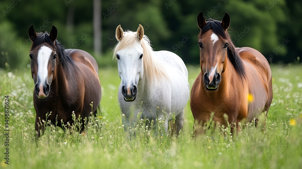 Fototapeta premium Three horses stand in a lush green meadow, their coats gleaming under the sunlight. A bay, a grey, and a dark brown horse gaze calmly towards the viewer, surrounded by wildflowers. : Generative AI