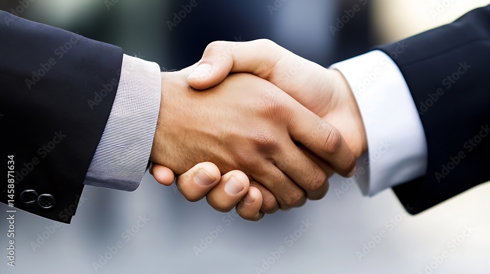 Close-up shot of two businessmen shaking hands, signifying a successful business deal or partnership agreement. The image conveys trust, collaboration, and mutual respect. : Generative AI Close-up shot of two businessmen shaking hands, signifying a successful business deal or partnership agreement. The image conveys trust, collaboration, and mutual respect. : Generative AI