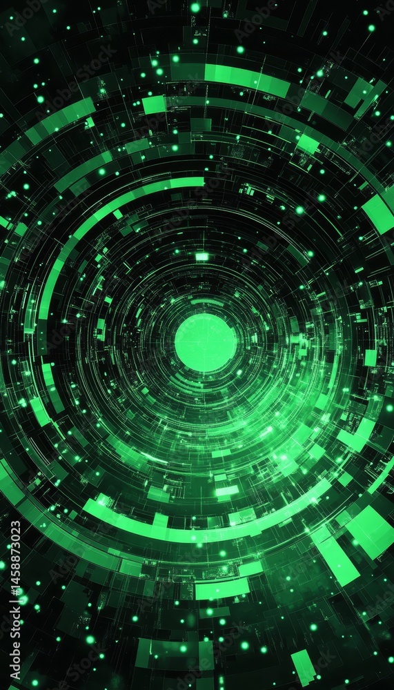 Fototapeta premium Neon Green Concentric Circles on Dark background Geometry, Technology, Abstract Design elemen
