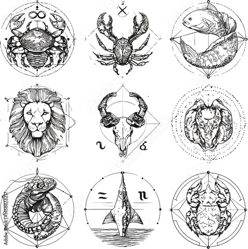 Vector Zodiac Animal Set, Monochrome Esoteric Astrology Signs.