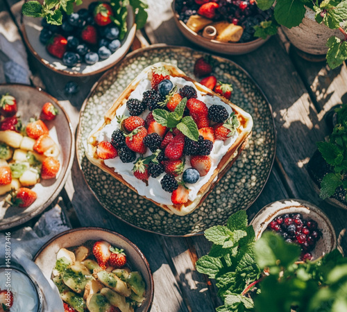 A square waffle with white cream and fruit, placed on an outdoor table at the summer park, On top of the waffle,strawberries, blueberries, grapes, and sliced peaches.