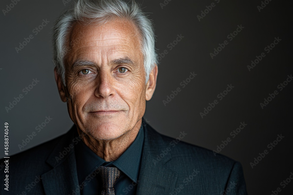 Portrait of a mature, serious-looking man with gray hair, wearing a dark suit and tie. Portrait of a mature, serious-looking man with gray hair, wearing a dark suit and tie.