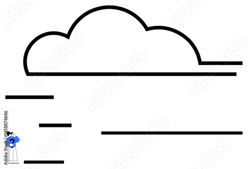 Large black cloud outline with horizontal lines and a small figure pondering below. Ideal for creativity, minimalism, reflection, problem-solving, innovation, ideas, and a simple landing page