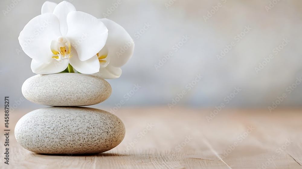 Serene spa scene featuring a white orchid delicately placed atop a balanced stack of smooth, grey stones on a light wooden surface. : Generative AI Serene spa scene featuring a white orchid delicately placed atop a balanced stack of smooth, grey stones on a light wooden surface. : Generative AI