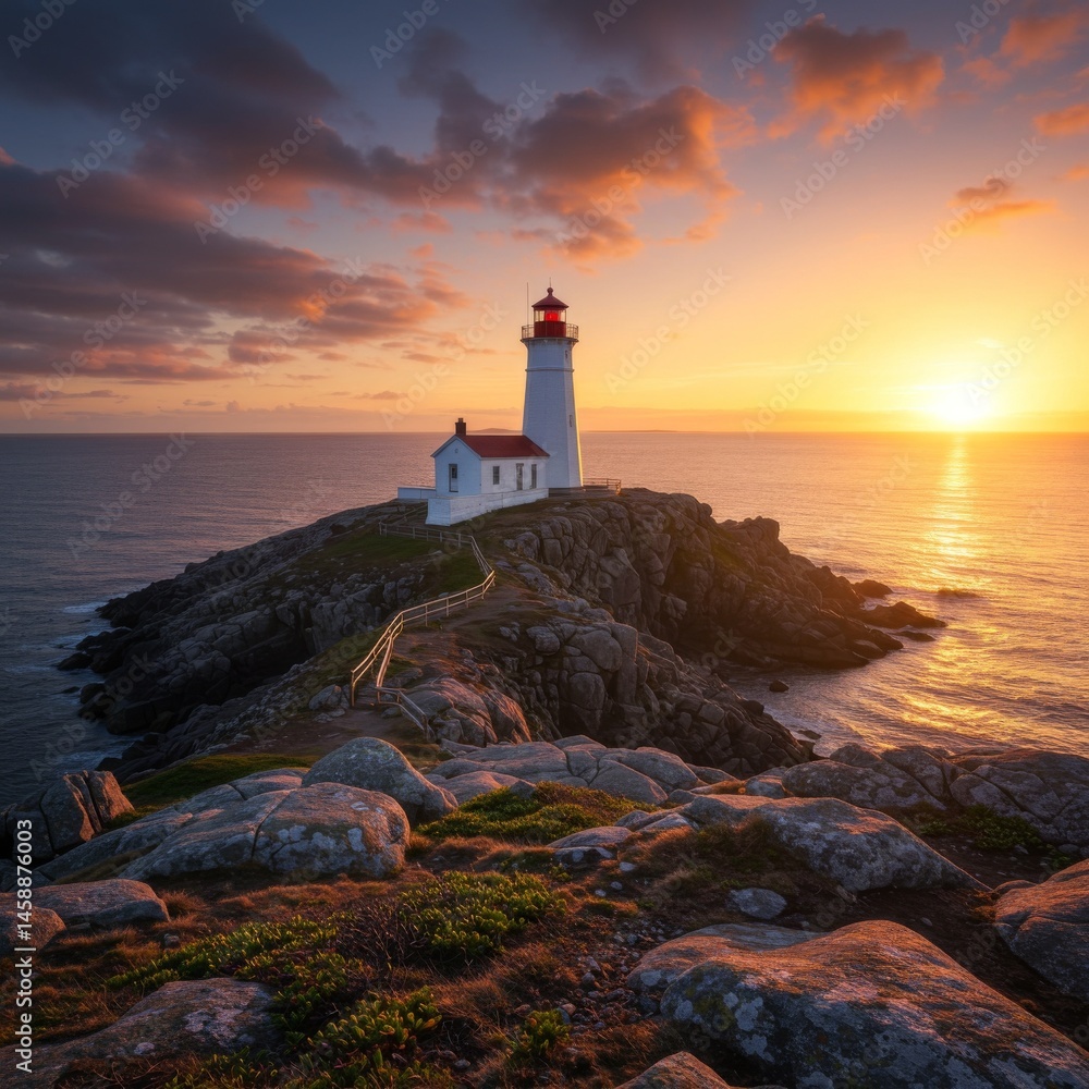 Fototapeta premium Lighthouse at Sunset on Rocky Coastline