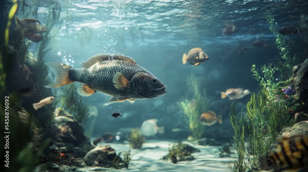 Obraz premium A detailed and realistic underwater scene where fish showcase their distinctive behaviors and survival strategies, including how they hunt and interact with their habitat. 