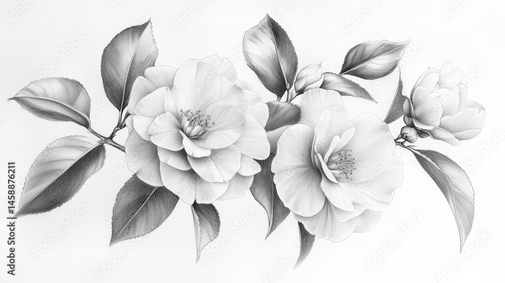 Obraz premium A detailed pencil sketch of Camellia sasanqua flowers, hand-drawn on white paper, focusing on the elegant curves and shading of the petals and leaves.