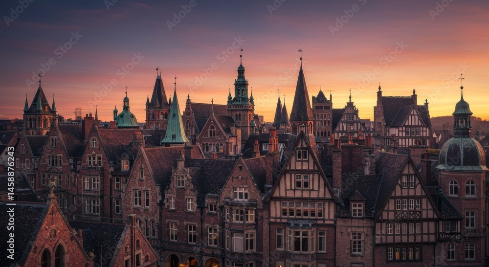 Fototapeta premium European Cityscape at Sunset: Brown Rooftops and Towers