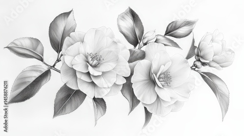 A detailed pencil sketch of Camellia sasanqua flowers, hand-drawn on white paper, focusing on the elegant curves and shading of the petals and leaves.