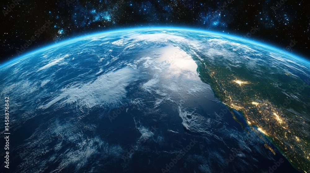 Fototapeta premium A detailed view of the Earth from space, showing vibrant oceans, continents, and cloud patterns against a dark cosmic backdrop.
