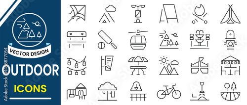Outdoor line icon set. Park, Travel simple line icon set. Collection of  campfire, hiking, forest, barbecue, camp Trailer and more. Outdoor icon editable stroke Vector illustration.
