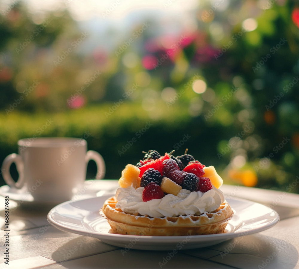A waffle with whipped cream and fruit on a white plate, set outdoors.