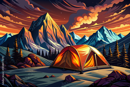 Glowing orange camping tent set against rugged mountain terrain under a dramatic evening sky, symbolizing outdoor adventure, solitude, and wilderness exploration. Ideal for travel, camping vector