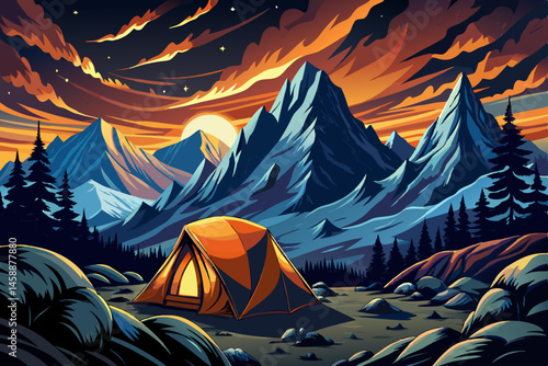 Glowing orange camping tent set against rugged mountain terrain under a dramatic evening sky, symbolizing outdoor adventure, solitude, and wilderness exploration. Ideal for travel, camping vector