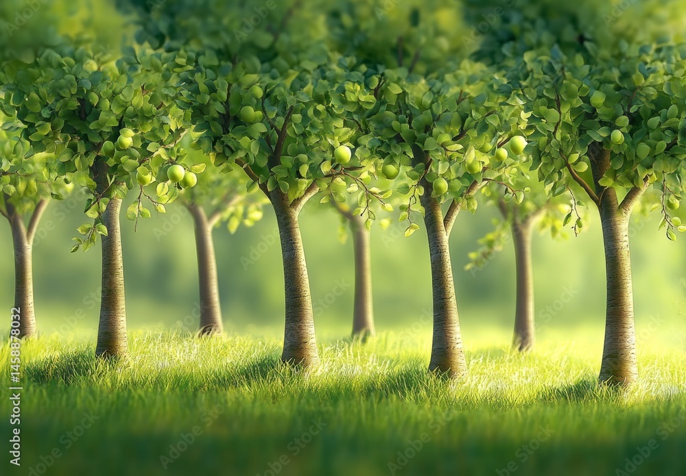 Lush orchard of young apple trees bathed in sunlight Lush orchard of young apple trees bathed in sunlight