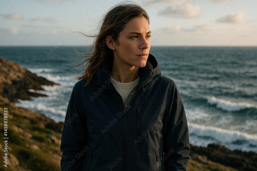 Contemplative woman by ocean Contemplative woman by ocean