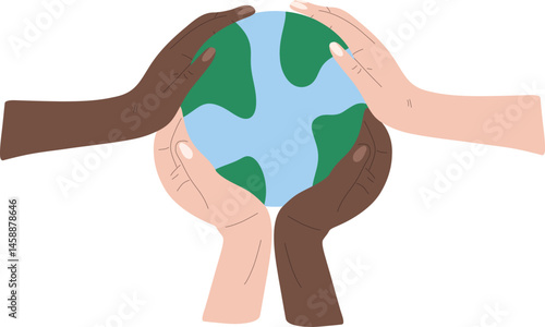 Tge Earth being gently embraced by arms of different skin tones