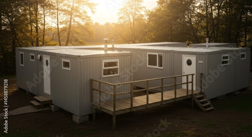 Grey Modular Buildings in a Forest at Sunset