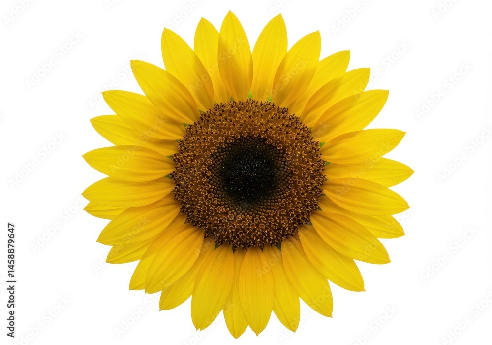 Fototapeta premium Close-up of a bright yellow sunflower with a dark brown center against a clean white background, showcasing its vibrant petals