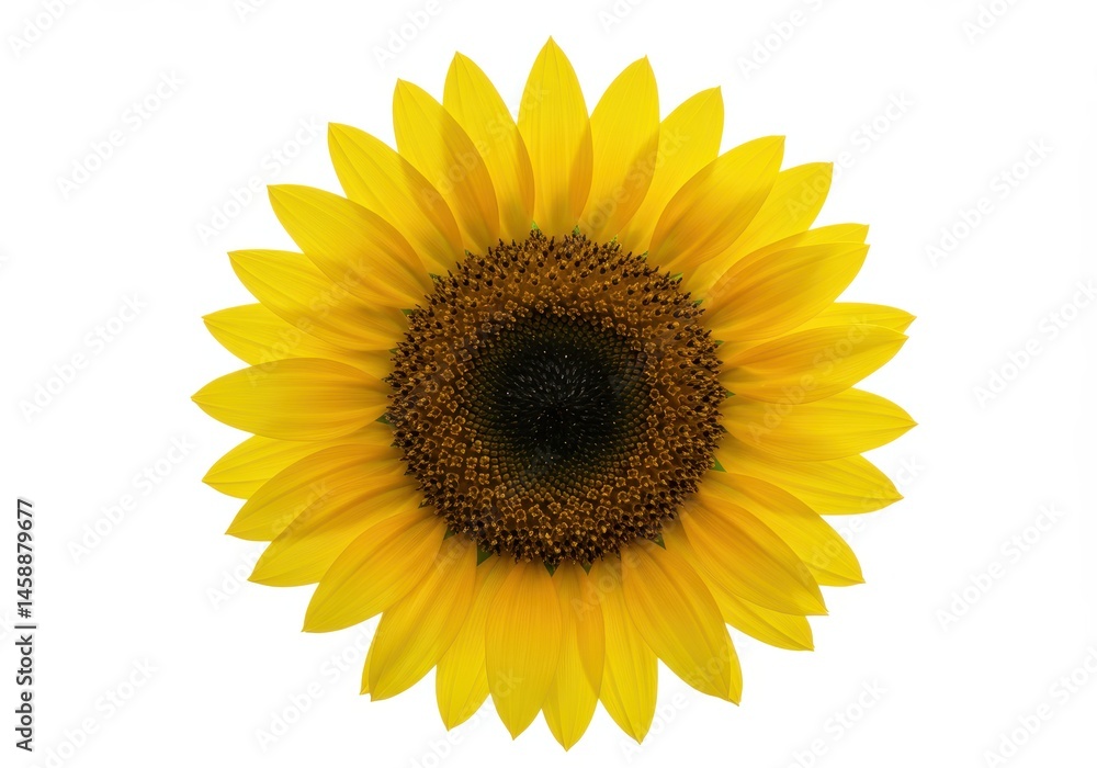 Fototapeta premium Close-up of a vibrant yellow sunflower with a dark brown center isolated on a clean white background