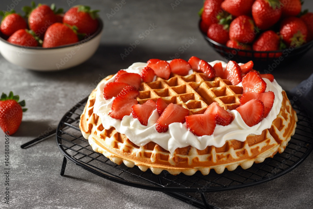 Waffles with cream and strawberries, food photography, a delicious-looking waffle with a creamy white filling and slices of strawberry on top, placed on a black wire rack against a grey background