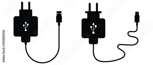Mobile charger, USB cable icon. USB cable icon vector illustration. Black USB cable vector icon. Mobile phone charging cable. Micro USB cables. Vector illustration. Electric plug and cable icon.