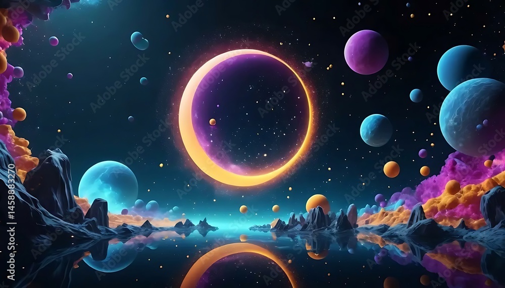 Fototapeta premium A dreamlike, cosmic landscape is reflecting into a serene body of water at twilight hours.