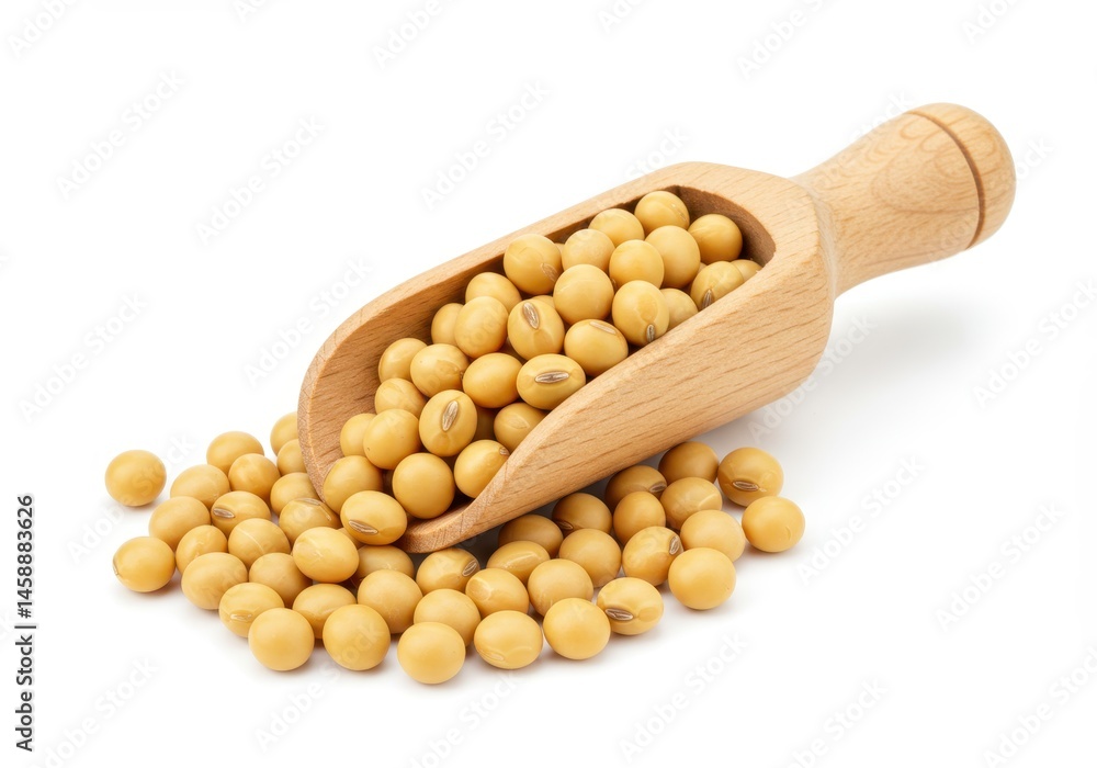 Soybeans spilling from a wooden scoop on a white background creating a simple, clean food image Soybeans spilling from a wooden scoop on a white background creating a simple, clean food image