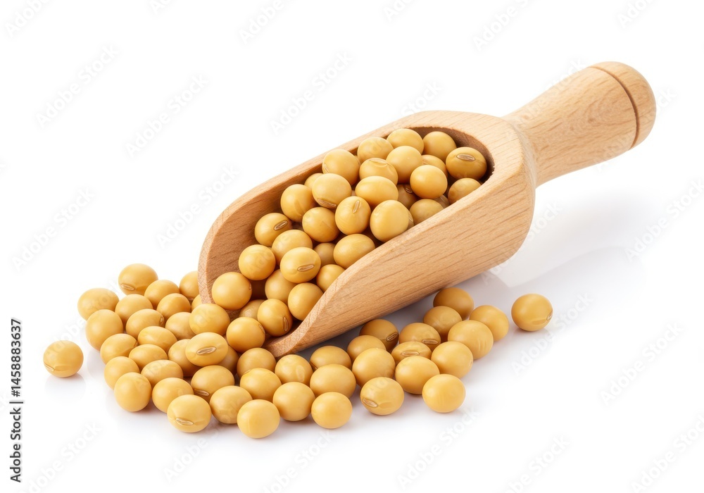 Soybeans spilling from a wooden scoop on a white surface, showcasing the natural texture and color of the beans Soybeans spilling from a wooden scoop on a white surface, showcasing the natural texture and color of the beans