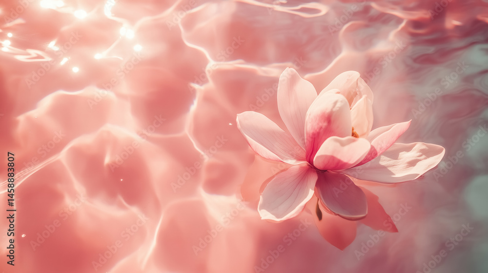 Pink water with sunlight reflections, a single magnolia flower Pink water with sunlight reflections, a single magnolia flower