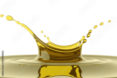Golden liquid creates a splash and crownlike shape with droplets falling on transparent background