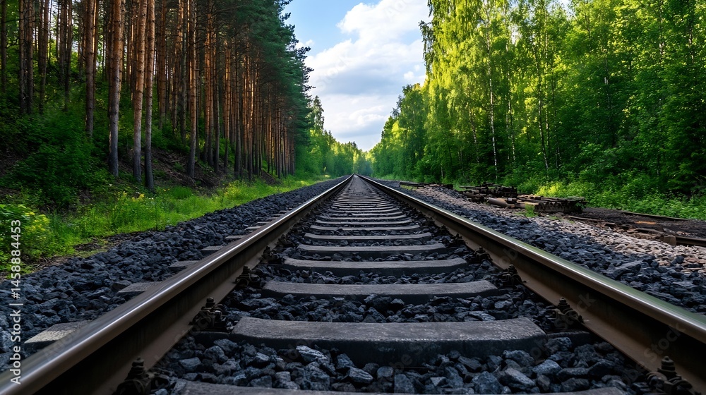 Obraz premium Railroad tracks vanishing into a lush green forest, sunlight filtering through the trees, creating a scenic and tranquil atmosphere. : Generative AI