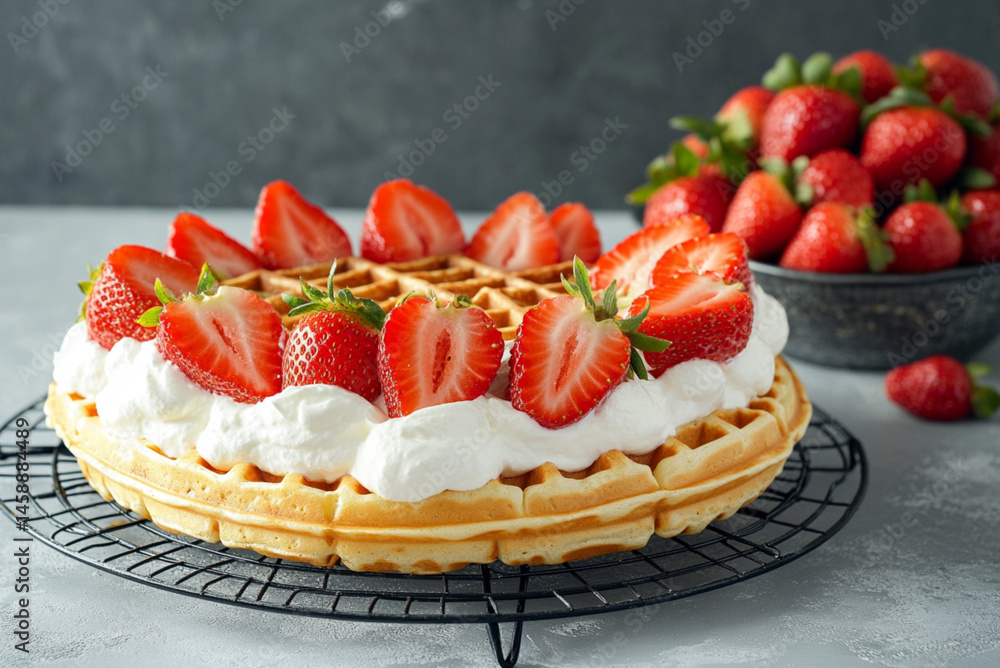 Waffles with cream and strawberries, food photography, a delicious-looking waffle with a creamy white filling and slices of strawberry on top, placed on a black wire rack against a grey background