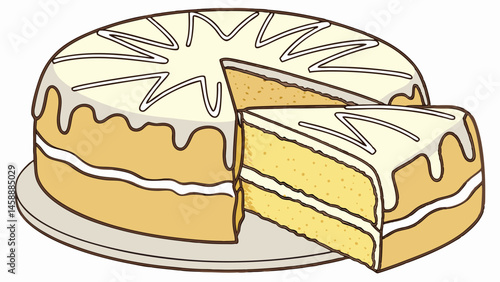 Vector Delicious yellow cake with creamy frosting and slice cut out, perfect for celebrations and gatherings