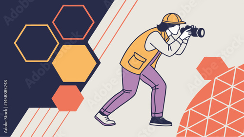 Vector photographer capturing images with camera, wearing cap and vest, surrounded by geometric shapes and colorful background