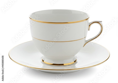 Elegant white teacup and saucer with gold trim on a white background, perfect for a tea party or afternoon tea