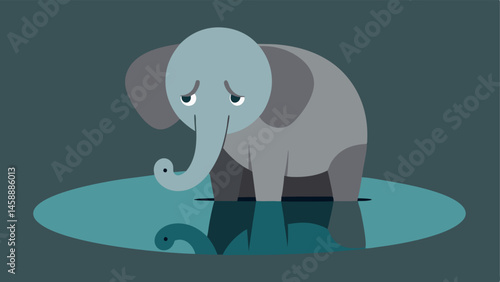 Reflective Moment An elephant sitting by a waterhole gazing into the water with a somber expression. Its ears droop and the wrinkles on its forehead are pronounced showcasing its