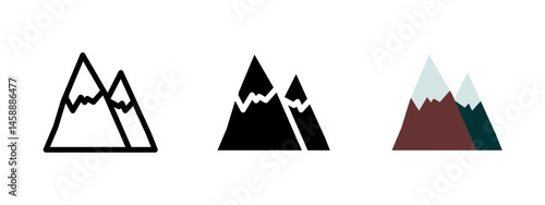 Mountain icon. Snowy peaks and sharp summits vector illustration. Natural landscape and alpine scenery symbol. Travel, hiking and wilderness adventure sign. Outdoor exploration pictogram.