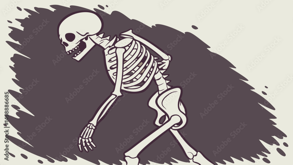 Fototapeta premium Vector whimsical skeleton illustration with playful pose, showcasing unique artistic style. background adds gritty and dark vibe