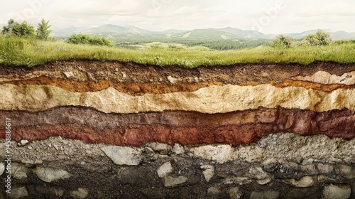 A highly detailed and realistic soil profile in a cross-section view, revealing multiple layers of sediment. 