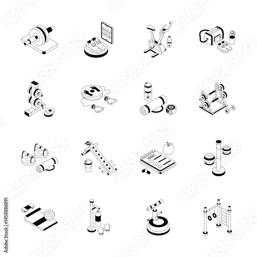 Download premium set of gym and workout tools isometric icons
