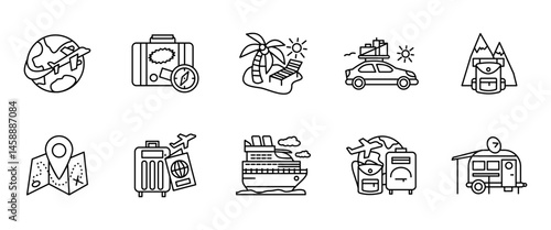 Travel and vacation icon set. Journey outline elements with airplane, cruise, camping and map vector illustration. Tourism and holiday symbol. Trip planning and adventure sign. Exploration pictogram.