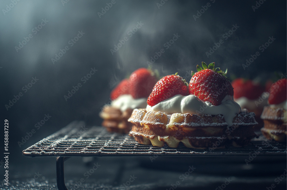 Waffles with strawberries and cream on top, on a wire rack. Simple food photography. Dramatic lighting.