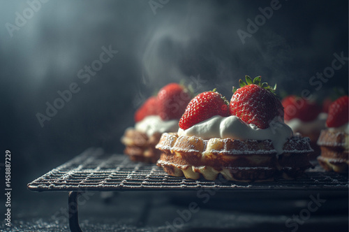 Obraz na płótnie Waffles with strawberries and cream on top, on a wire rack. Simple food photography. Dramatic lighting. w salonie